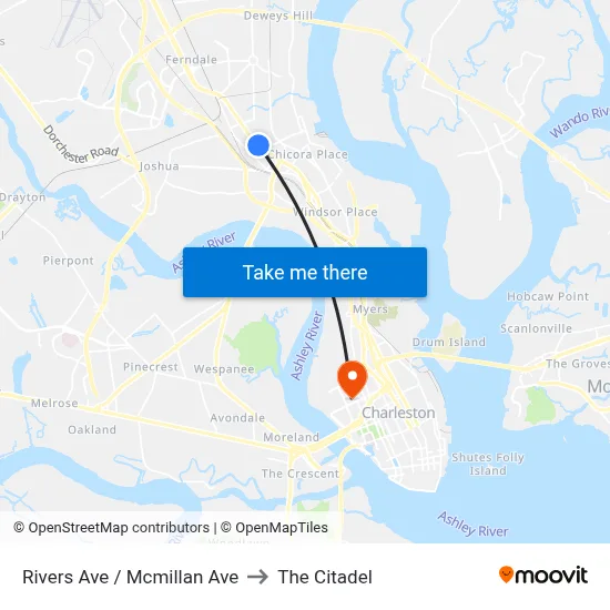 Rivers Ave / Mcmillan Ave to The Citadel map