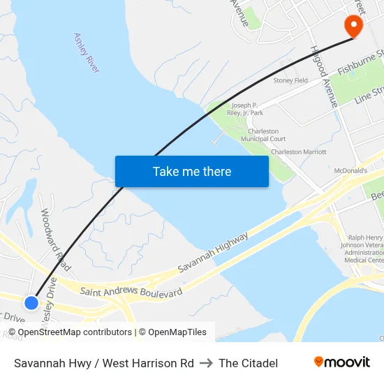 Savannah Hwy / West Harrison Rd to The Citadel map