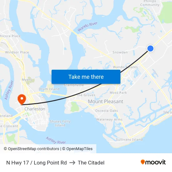 N Hwy 17 / Long Point Rd to The Citadel map