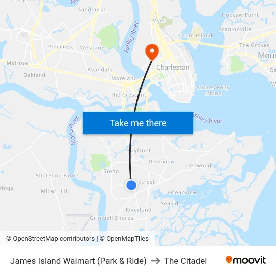 James Island Walmart (Park & Ride) to The Citadel map