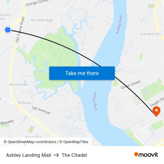 Ashley Landing Mall to The Citadel map
