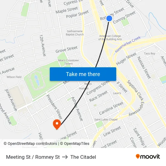 Meeting St / Romney St to The Citadel map
