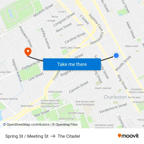 Spring St / Meeting St to The Citadel map