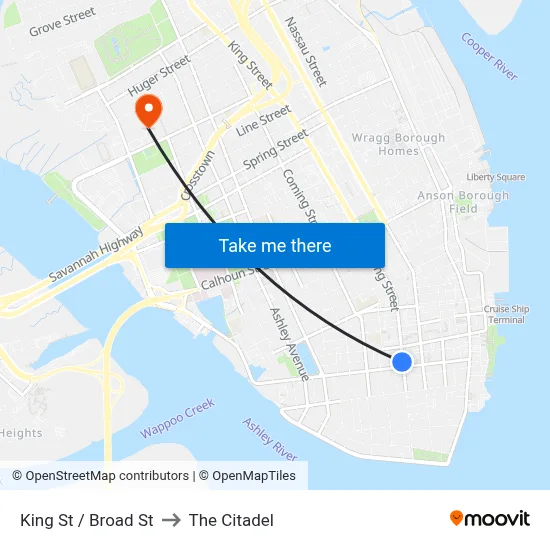 King St / Broad St to The Citadel map