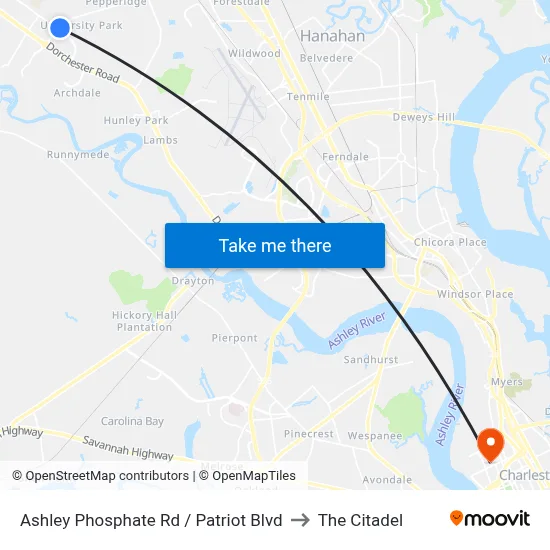 Ashley Phosphate Rd / Patriot Blvd to The Citadel map