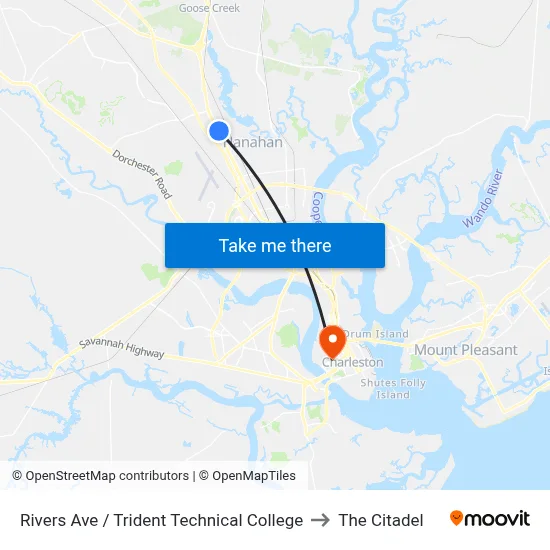 Rivers Ave / Trident Technical College to The Citadel map