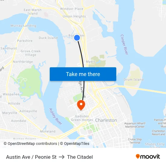 Austin Ave / Peonie St to The Citadel map