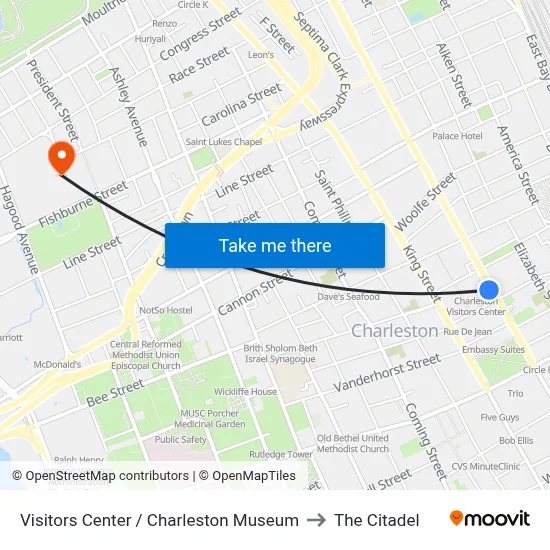 Visitors Center / Charleston Museum to The Citadel map