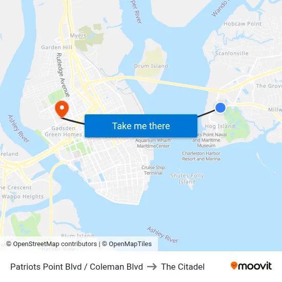 Patriots Point Blvd / Coleman Blvd to The Citadel map