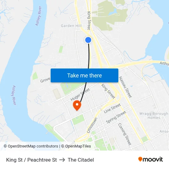 King St / Peachtree St to The Citadel map