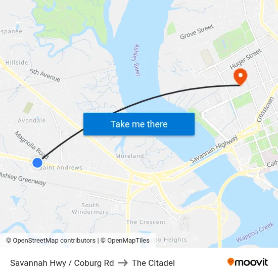 Savannah Hwy / Coburg Rd to The Citadel map