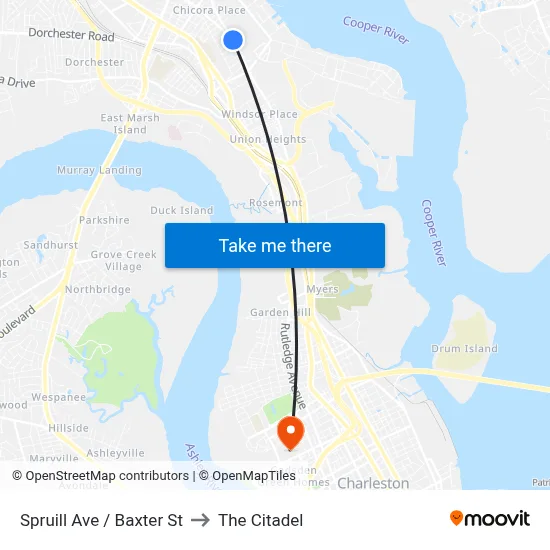 Spruill Ave / Baxter St to The Citadel map