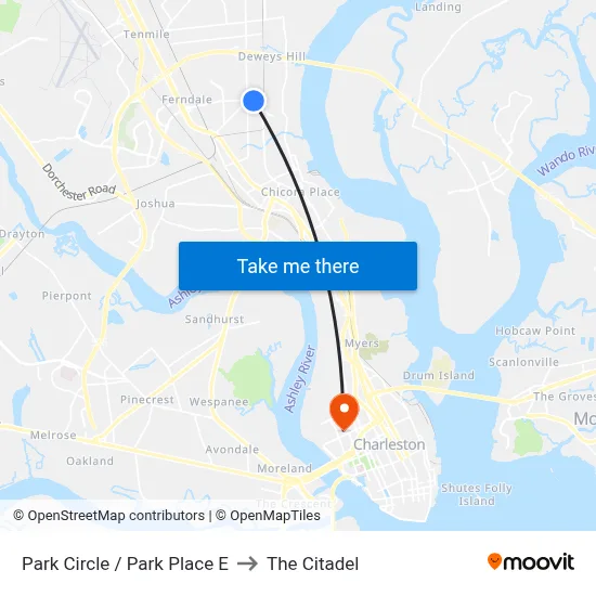 Park Circle / Park Place E to The Citadel map