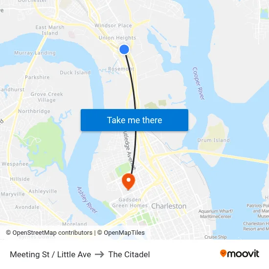 Meeting St / Little Ave to The Citadel map