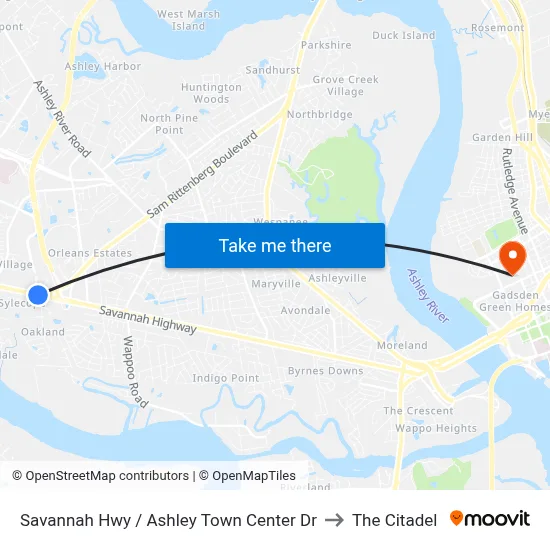 Savannah Hwy / Ashley Town Center Dr to The Citadel map