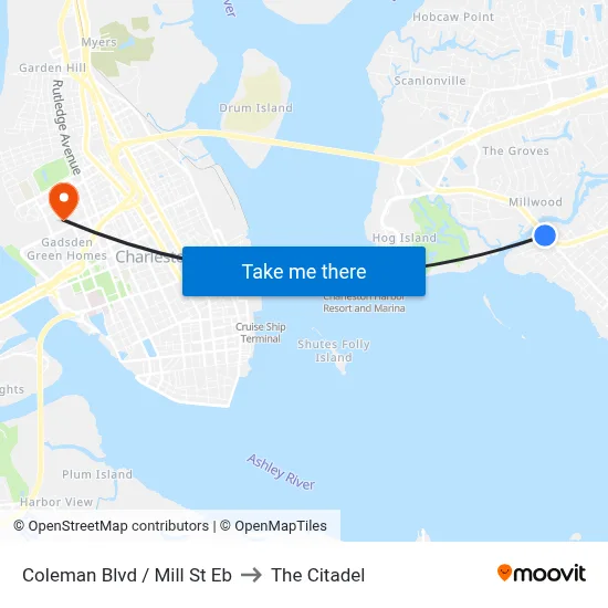 Coleman Blvd / Mill St Eb to The Citadel map