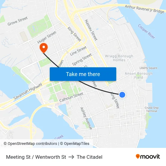 Meeting St / Wentworth St to The Citadel map