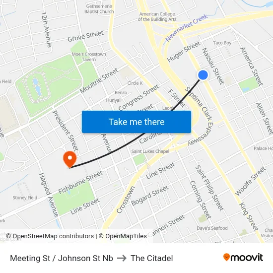 Meeting St / Johnson St Nb to The Citadel map
