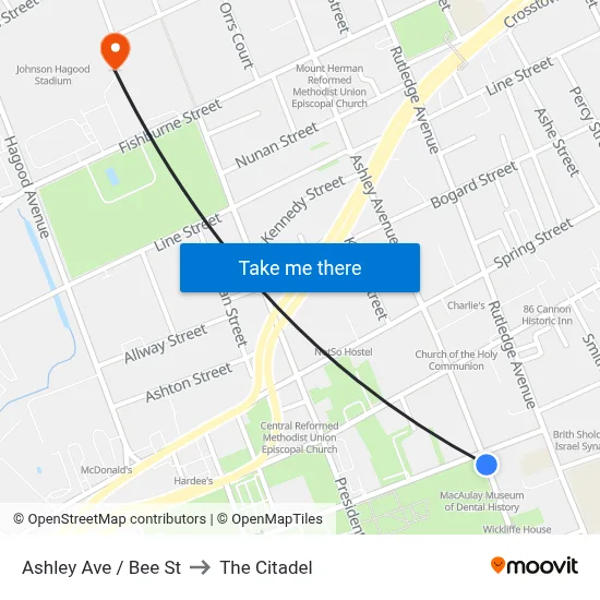 Ashley Ave / Bee St to The Citadel map