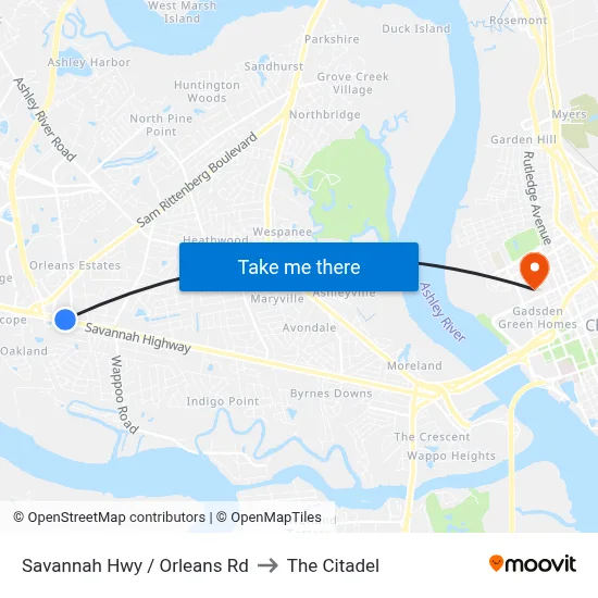 Savannah Hwy / Orleans Rd to The Citadel map