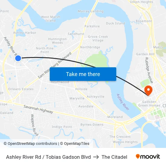 Ashley River Rd / Tobias Gadson Blvd to The Citadel map