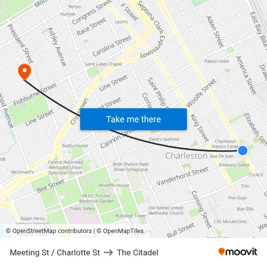 Meeting St / Charlotte St to The Citadel map
