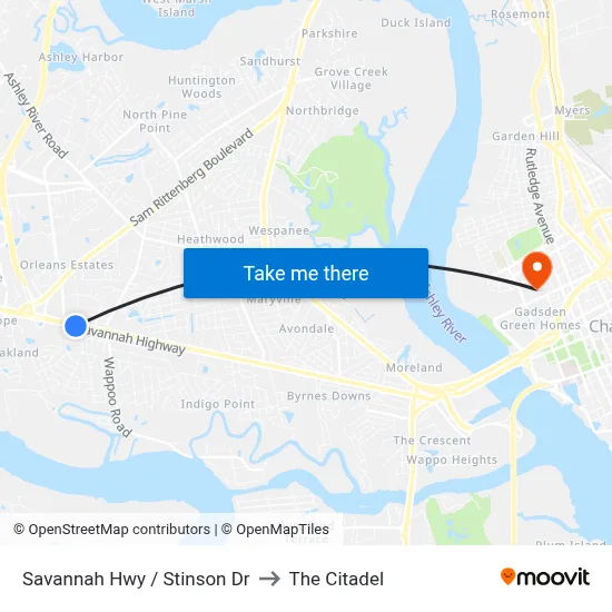 Savannah Hwy / Stinson Dr to The Citadel map