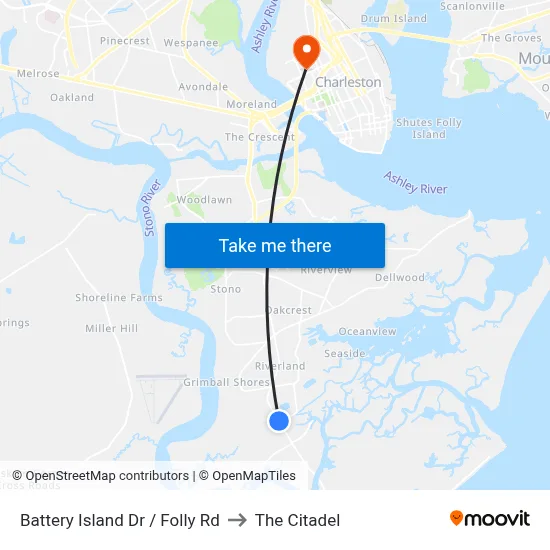 Battery Island Dr / Folly Rd to The Citadel map