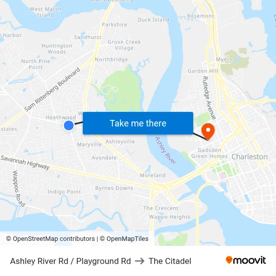 Ashley River Rd / Playground Rd to The Citadel map