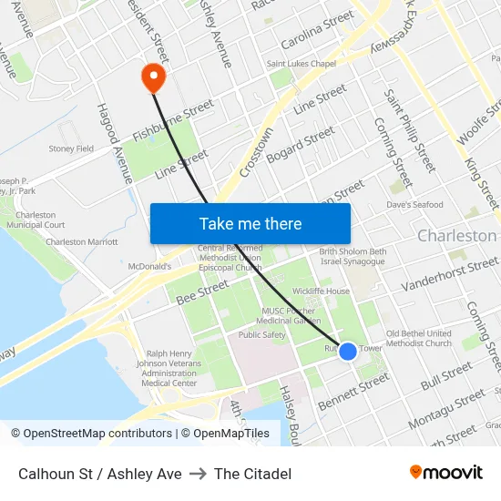 Calhoun St / Ashley Ave to The Citadel map