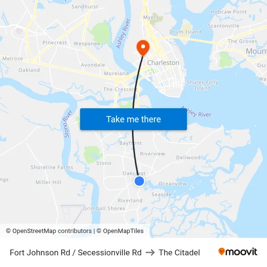 Fort Johnson Rd / Secessionville Rd to The Citadel map