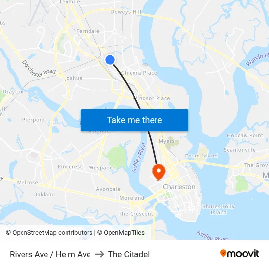 Rivers Ave / Helm Ave to The Citadel map