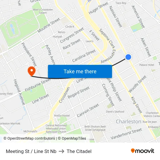 Meeting St / Line St Nb to The Citadel map
