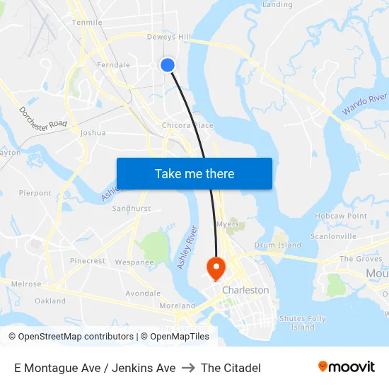 E Montague Ave / Jenkins Ave to The Citadel map