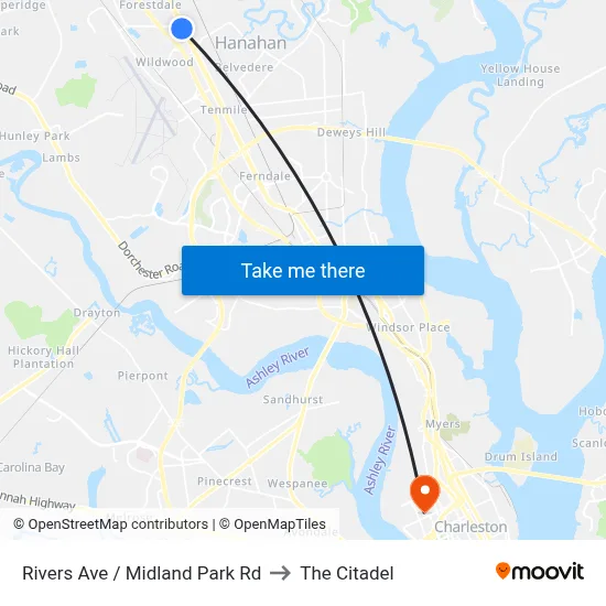 Rivers Ave / Midland Park Rd to The Citadel map