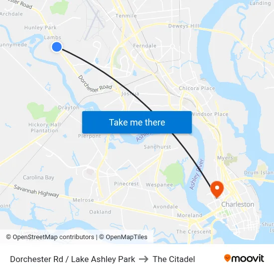 Dorchester Rd / Lake Ashley Park to The Citadel map