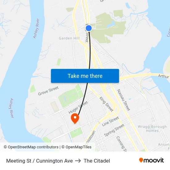 Meeting St / Cunnington Ave to The Citadel map