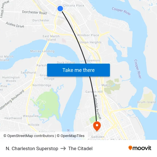 N. Charleston Superstop to The Citadel map