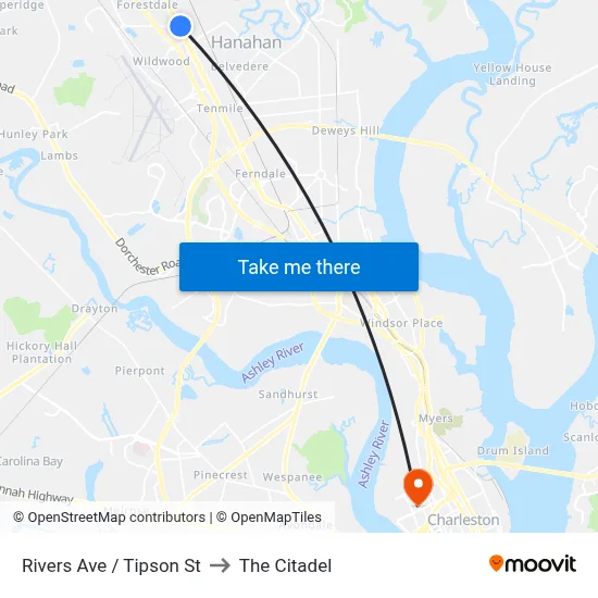 Rivers Ave / Tipson St to The Citadel map