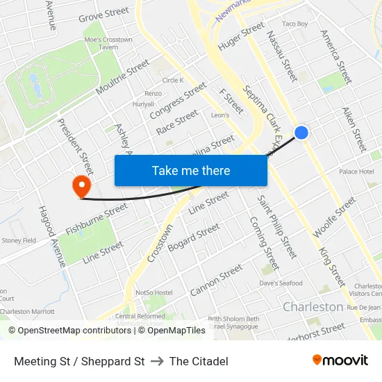 Meeting St / Sheppard St to The Citadel map