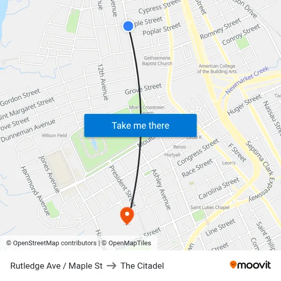 Rutledge Ave / Maple St to The Citadel map