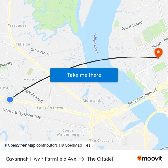 Savannah Hwy / Farmfield Ave to The Citadel map