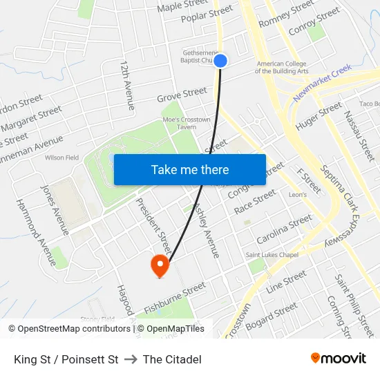 King St / Poinsett St to The Citadel map