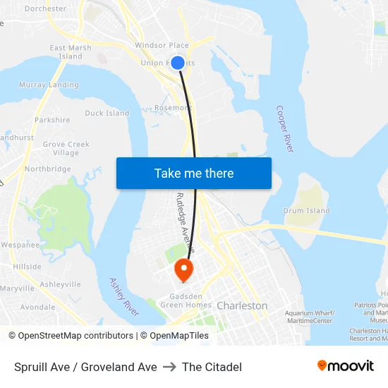 Spruill Ave / Groveland Ave to The Citadel map
