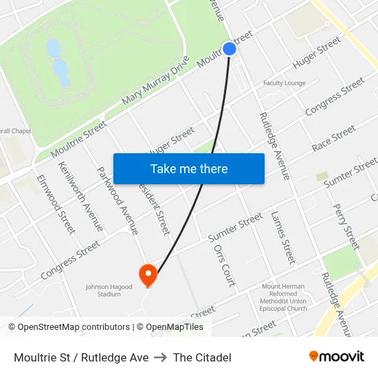 Moultrie St / Rutledge Ave to The Citadel map