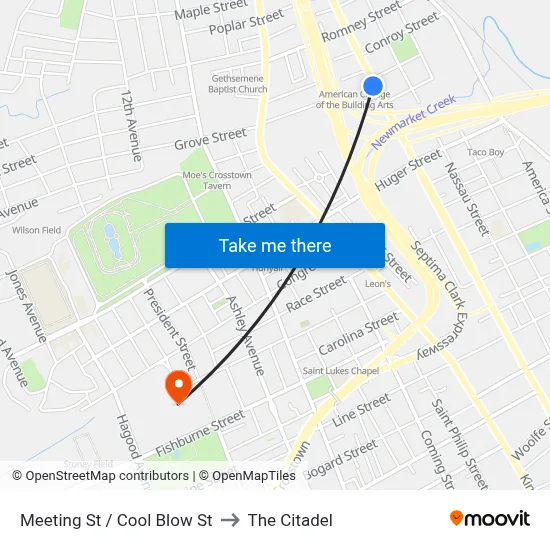 Meeting St / Cool Blow St to The Citadel map