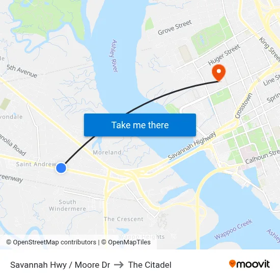 Savannah Hwy / Moore Dr to The Citadel map
