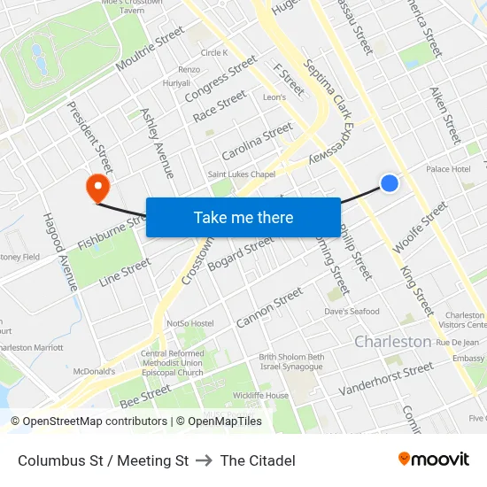 Columbus St / Meeting St to The Citadel map