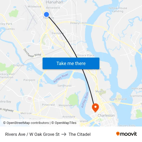 Rivers Ave / W Oak Grove St to The Citadel map