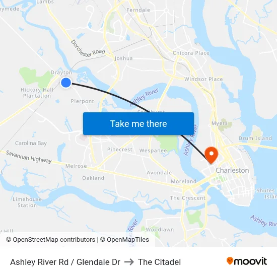 Ashley River Rd / Glendale Dr to The Citadel map
